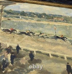 Ancien tableau huile sur toile signé Grosdidier Scène de course hippique Cad