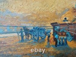 Ancien tableau huile sur toile travail agricole moisson oil on canvas gautreau