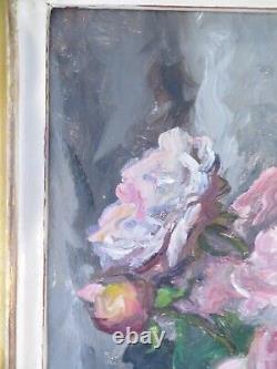 Ancien tableau huile / toile cadre doré nature morte bouquet de roses hugonnard