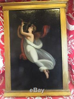 Ancien tableau huile / toile cirée XIXe muse la musique euterpe lyre a l antique