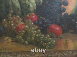Ancien tableau huile / toile nature morte entablement signé bernet epk1900 fruit