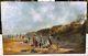 Ancien tableau huile toile scène de plage XIXe marine bord de mer Louis Bernier