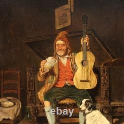 Ancien tableau italien signé peinture huile toile scène de genre portrait 800