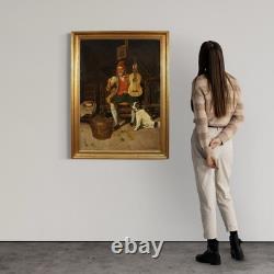 Ancien tableau italien signé peinture huile toile scène de genre portrait 800