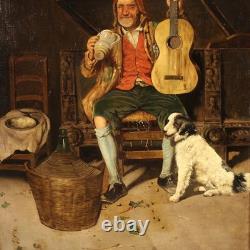 Ancien tableau italien signé peinture huile toile scène de genre portrait 800