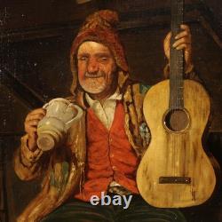 Ancien tableau italien signé peinture huile toile scène de genre portrait 800