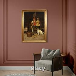 Ancien tableau italien signé peinture huile toile scène de genre portrait 800