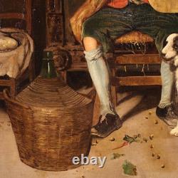 Ancien tableau italien signé peinture huile toile scène de genre portrait 800