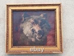 Ancien tableau loup chien peinture huile sur toile oil on canvas Wolf dog