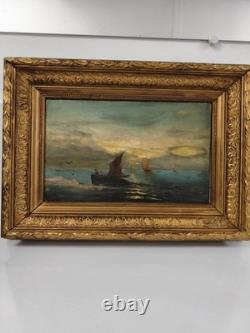Ancien tableau marine huile sur toile 1889, cadre doré sculpté signé