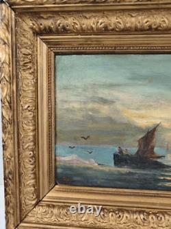 Ancien tableau marine huile sur toile 1889, cadre doré sculpté signé