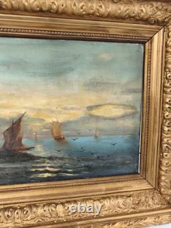 Ancien tableau marine huile sur toile 1889, cadre doré sculpté signé