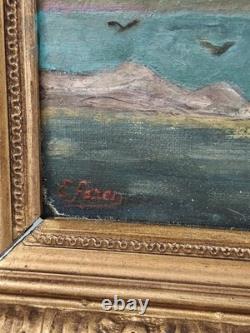 Ancien tableau marine huile sur toile 1889, cadre doré sculpté signé
