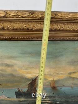 Ancien tableau marine huile sur toile 1889, cadre doré sculpté signé