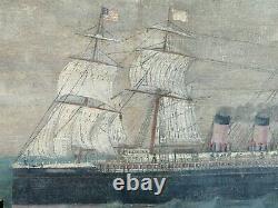 Ancien tableau marine huile toile Gascogne antique oil painting boat usa bateau