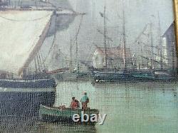 Ancien tableau marine signé huile sur toile oil canvas cadre a clavettes