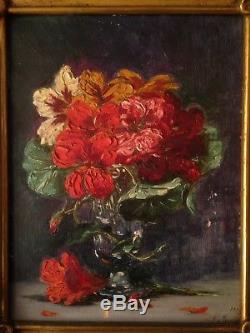 Ancien tableau miniature Bouquet de pensées fleurs Huile sur carton Signée c1929