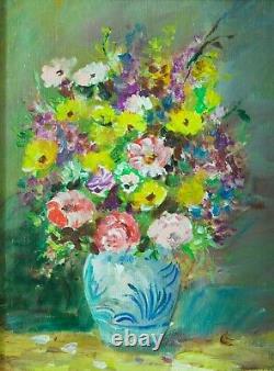 Ancien tableau nature morte bouquet de fleurs des champs vase Louis Picard cadre
