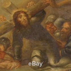 Ancien tableau néerlandais religieux peinture huile sur toile chemin croix 800