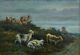 Ancien tableau paysage animé berger troupeau Chèvre mouton Jean Pillement hsp