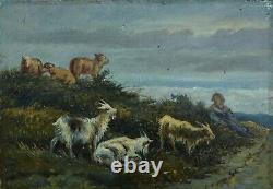 Ancien tableau paysage animé berger troupeau Chèvre mouton Jean Pillement hsp