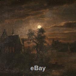 Ancien tableau paysage nocturne peinture huile sur toile cadre 800 19ème siècle