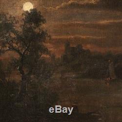 Ancien tableau paysage nocturne peinture huile sur toile cadre 800 19ème siècle