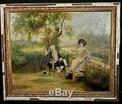 Ancien tableau peintre et son modèle dans le goût du XVIIIe signé Regagnon XIXe