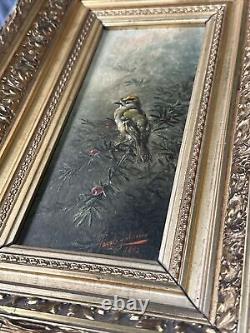 Ancien tableau peinture Huiles animalier oiseaux 1892 Cadre Doré Gabriel CAZALS