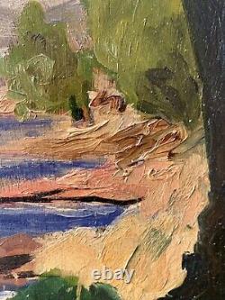 Ancien tableau peinture huile paysage fauve marine pinède bord de mer Corse sig