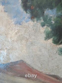 Ancien tableau peinture huile paysage fauvisme pin parasol bord de mer signé