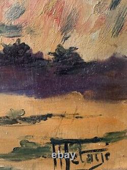 Ancien tableau peinture huile paysage fauvisme pin parasol bord de mer signé