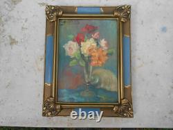 Ancien tableau peinture huile signé MARTIN VIA nature morte bouquet de fleurs