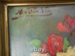 Ancien tableau peinture huile signé MARTIN VIA nature morte bouquet de fleurs