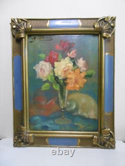 Ancien tableau peinture huile signé MARTIN VIA nature morte bouquet de fleurs