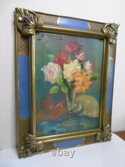 Ancien tableau peinture huile signé MARTIN VIA nature morte bouquet de fleurs