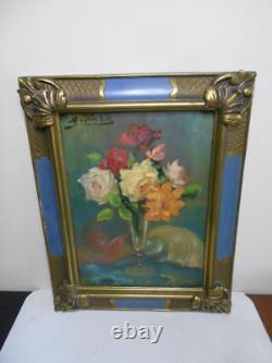 Ancien tableau peinture huile signé MARTIN VIA nature morte bouquet de fleurs