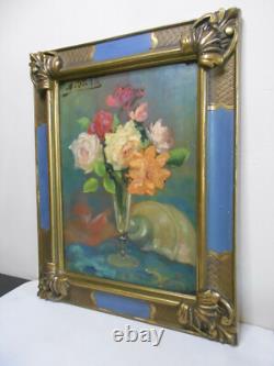 Ancien tableau peinture huile signé MARTIN VIA nature morte bouquet de fleurs