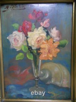 Ancien tableau peinture huile signé MARTIN VIA nature morte bouquet de fleurs