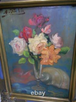 Ancien tableau peinture huile signé MARTIN VIA nature morte bouquet de fleurs