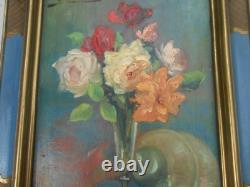 Ancien tableau peinture huile signé MARTIN VIA nature morte bouquet de fleurs