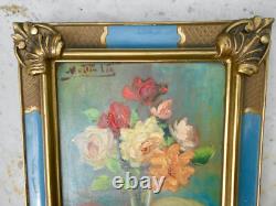 Ancien tableau peinture huile signé MARTIN VIA nature morte bouquet de fleurs