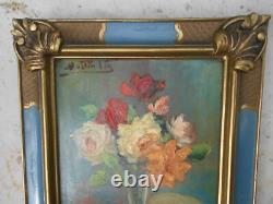 Ancien tableau peinture huile signé MARTIN VIA nature morte bouquet de fleurs