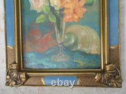 Ancien tableau peinture huile signé MARTIN VIA nature morte bouquet de fleurs