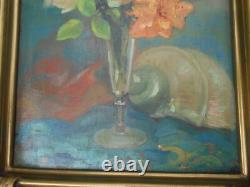 Ancien tableau peinture huile signé MARTIN VIA nature morte bouquet de fleurs