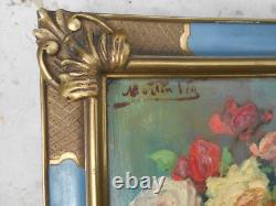 Ancien tableau peinture huile signé MARTIN VIA nature morte bouquet de fleurs