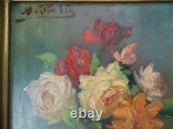Ancien tableau peinture huile signé MARTIN VIA nature morte bouquet de fleurs