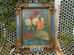 Ancien tableau peinture huile signé MARTIN VIA nature morte bouquet de fleurs