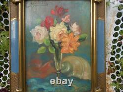 Ancien tableau peinture huile signé MARTIN VIA nature morte bouquet de fleurs