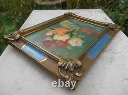Ancien tableau peinture huile signé MARTIN VIA nature morte bouquet de fleurs